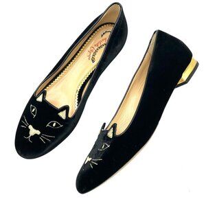 Charlotte Olympia Kitty Cat Black Velvet Flats Loafers Gold, EU 41 US 10.5-11